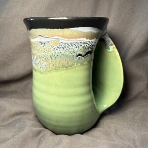 Handcrafted Green Drip Glaze Pottery Mug Large Artisan Coffee Cup Hand Warmer